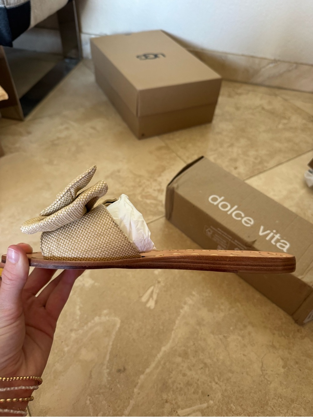 Dolce Vita Beige Bow Slide Sandals with Woven Upper